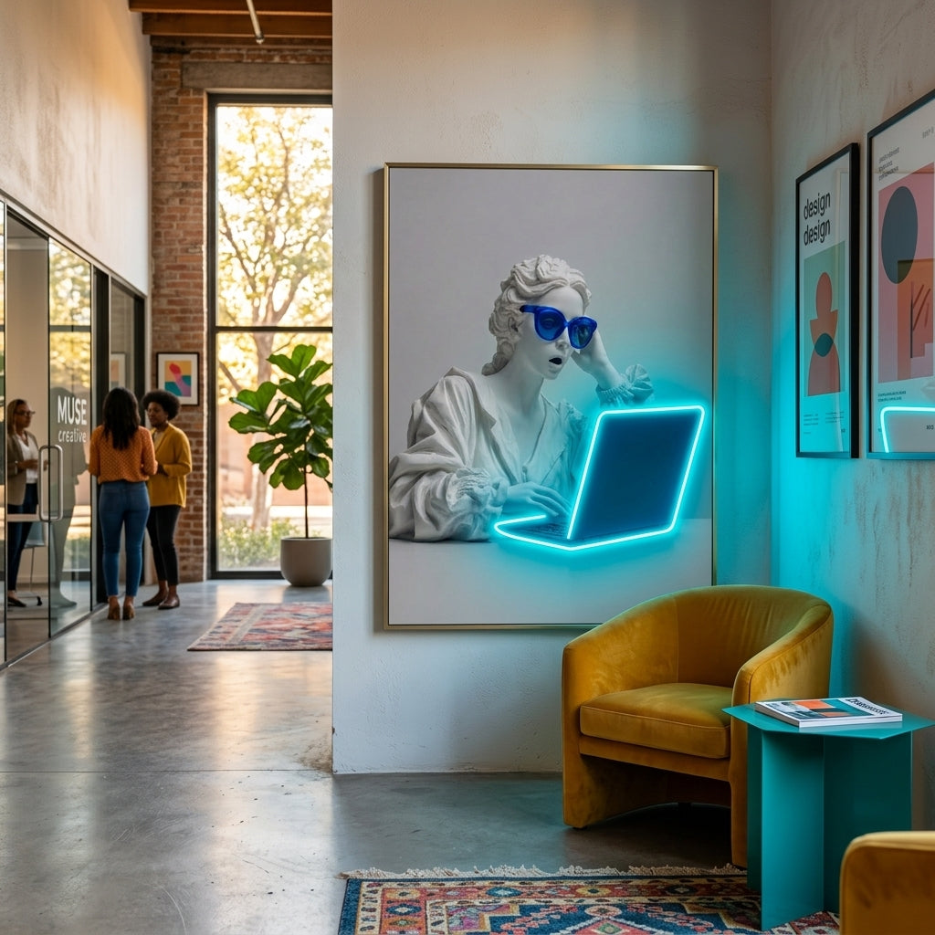 'Dijital Rönesans' Mavi Neon Işıklı Pop-Art Tablo