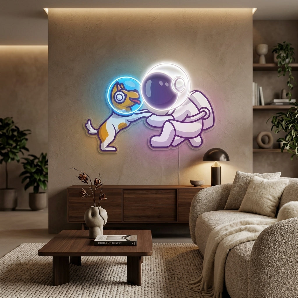 Köpek ve Astronot Baskılı - Neon Tabela
