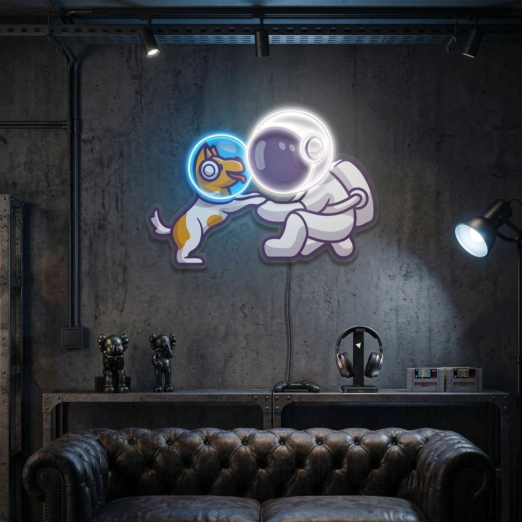 Köpek ve Astronot Baskılı - Neon Tabela