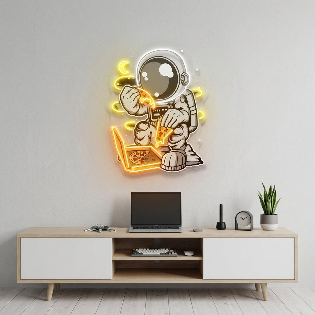 Astronot Pizza Karikatür Baskılı - Neon Tabela