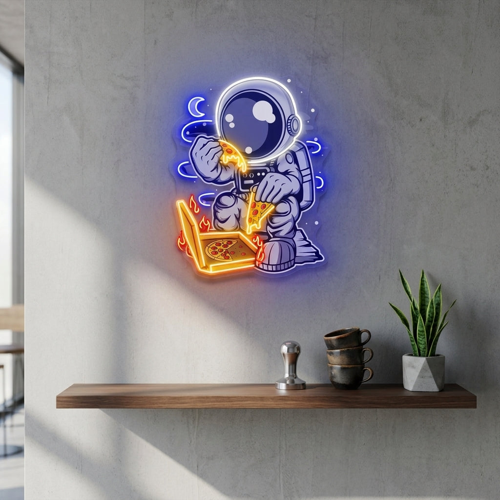 Astronot Pizza Karikatür Baskılı - Neon Tabela