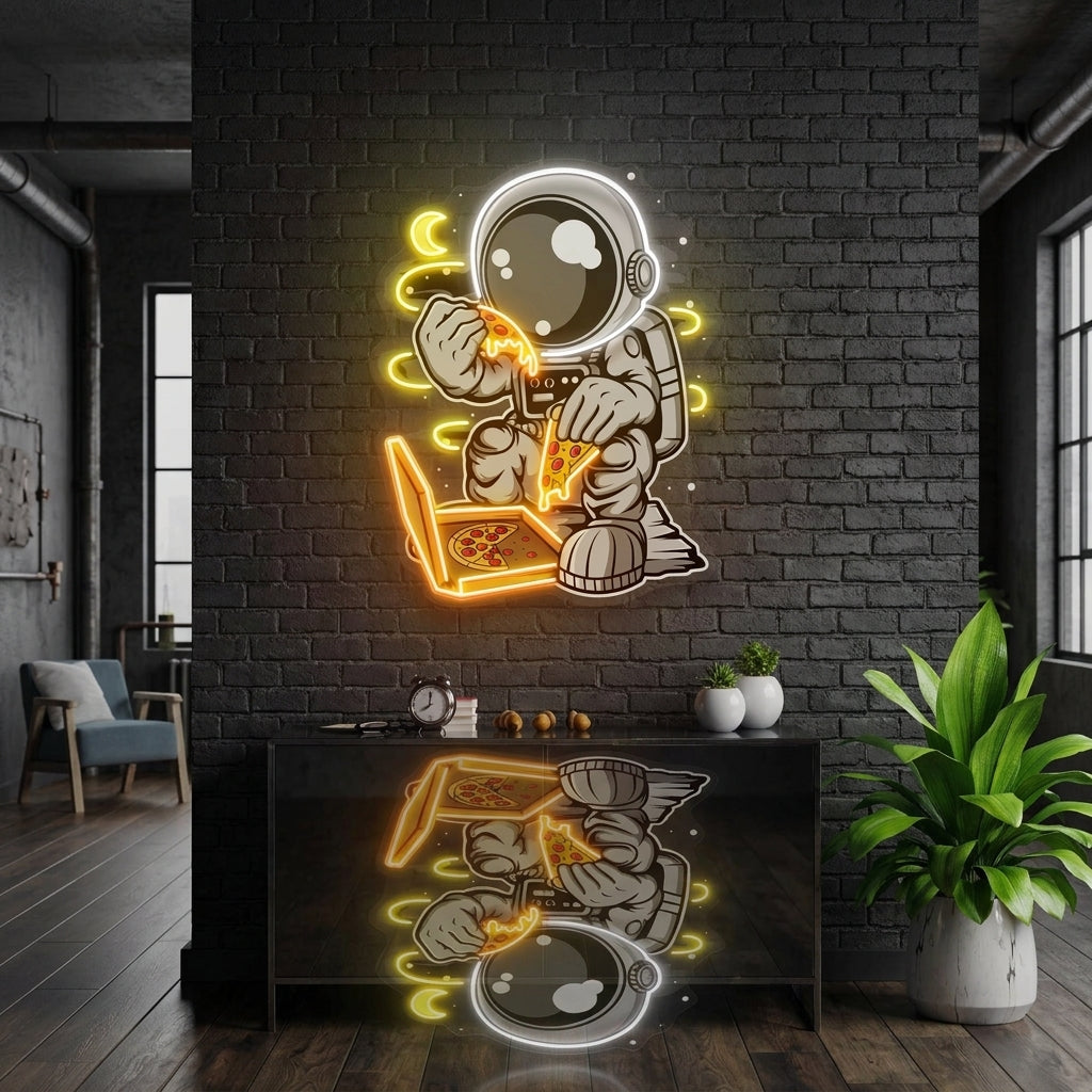 Astronot Pizza Karikatür Baskılı - Neon Tabela