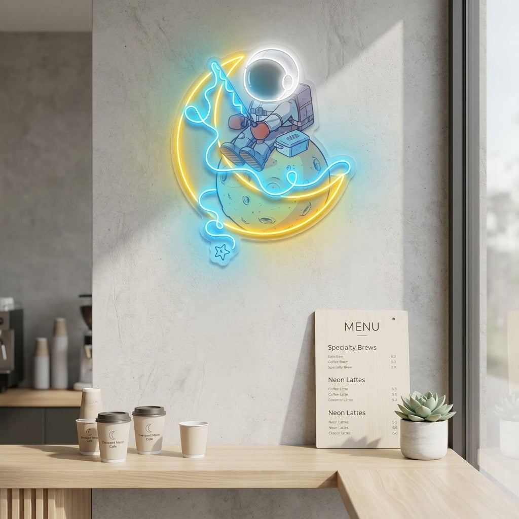Astronot Balıkçılık Baskılı - Neon Tabela