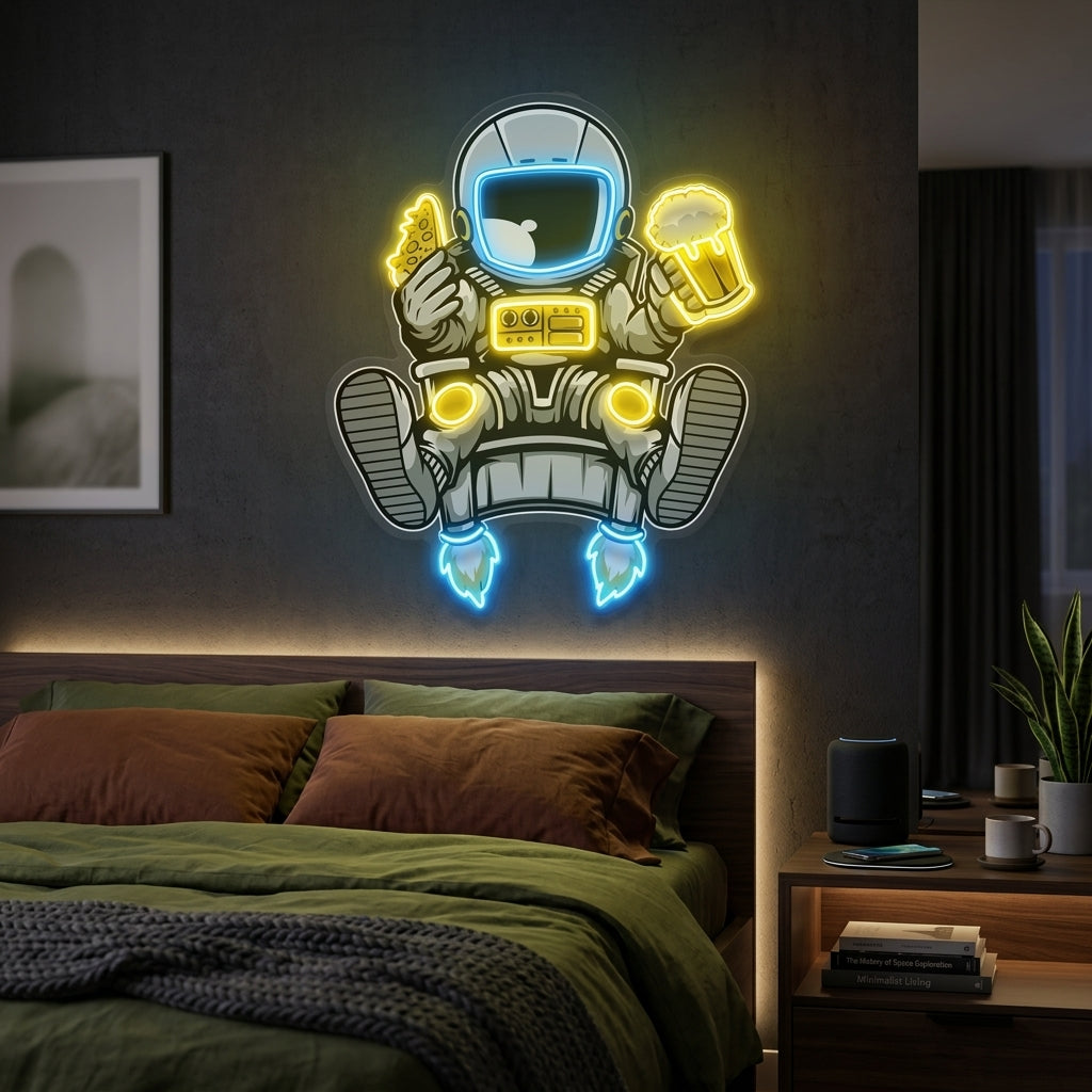 Astronot Pizza ve Bira Baskılı - Neon Tabela