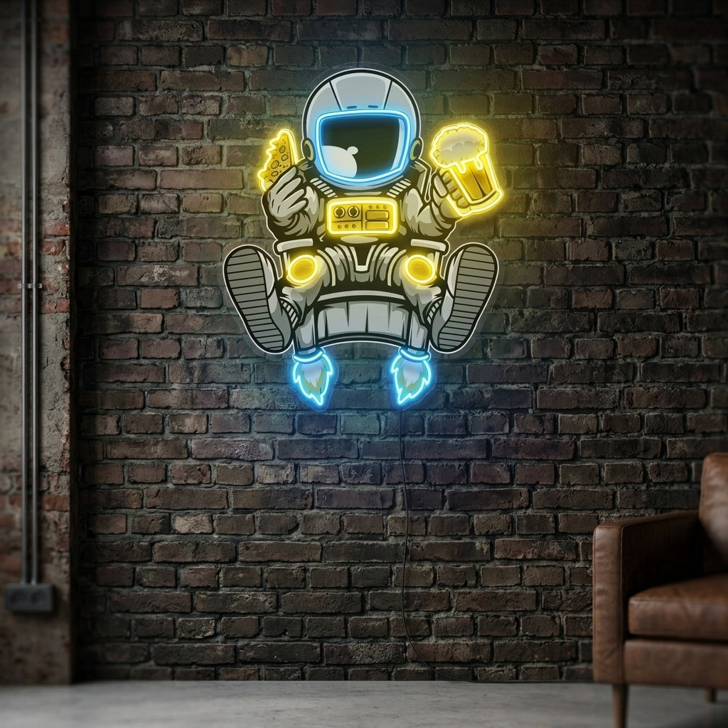 Astronot Pizza ve Bira Baskılı - Neon Tabela