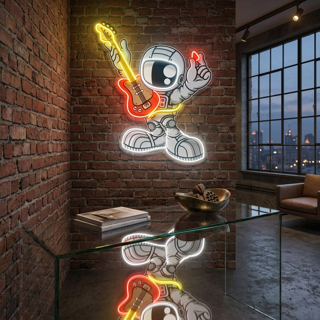 Gitar Çalan Astronot Baskılı - Neon Tabela