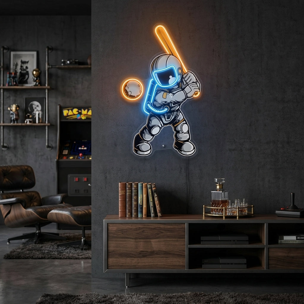 Beyzbol Oynayan Astronot Baskılı - Neon Tabela