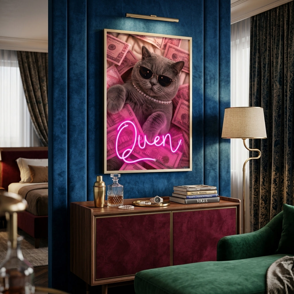'Pink Cash & Cool Cat' Işıklı Tablo