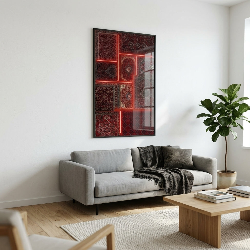 Geleneksel Dokunun Modern Işığı: 'Red Neon Oriental Rug' Çerçeveli Tablo