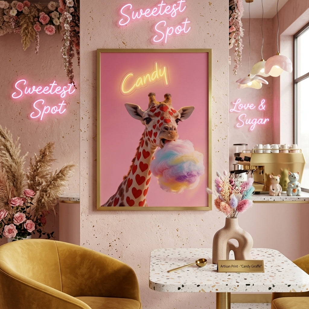 'Neon Candy' Kalp Benekli Zürafa Işıklı Pop-Art Tablo – Yeni Sezon