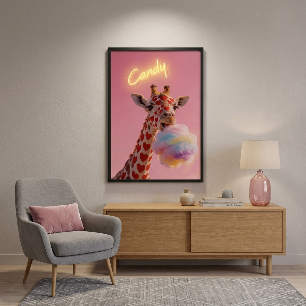 'Neon Candy' Kalp Benekli Zürafa Işıklı Pop-Art Tablo – Yeni Sezon