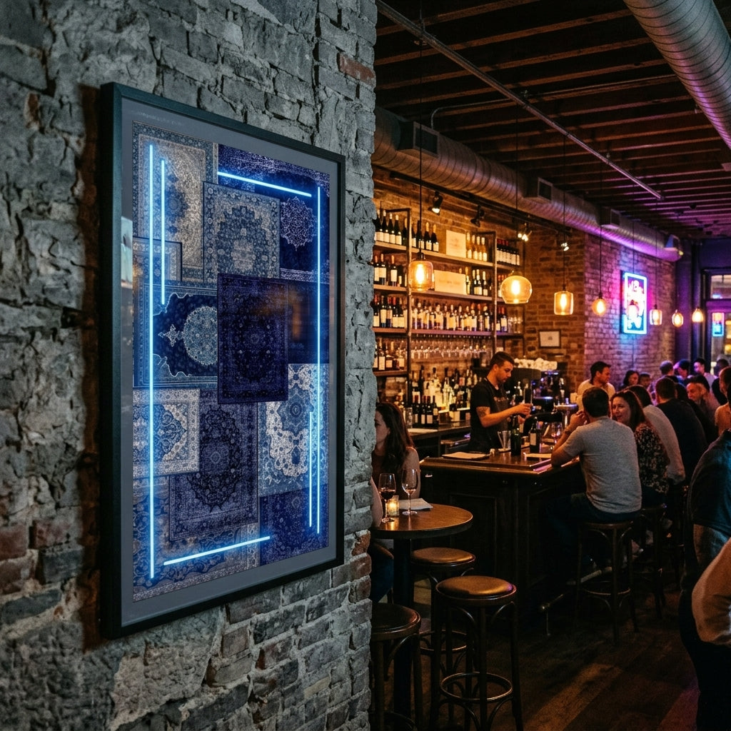 Lacivert Etnik Halı Kolajı Neon Duvar Sanatı
