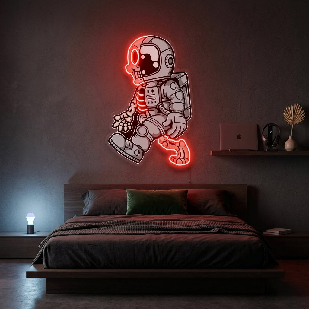 Astronot Yarım Kafatası Baskılı - Neon Tabela