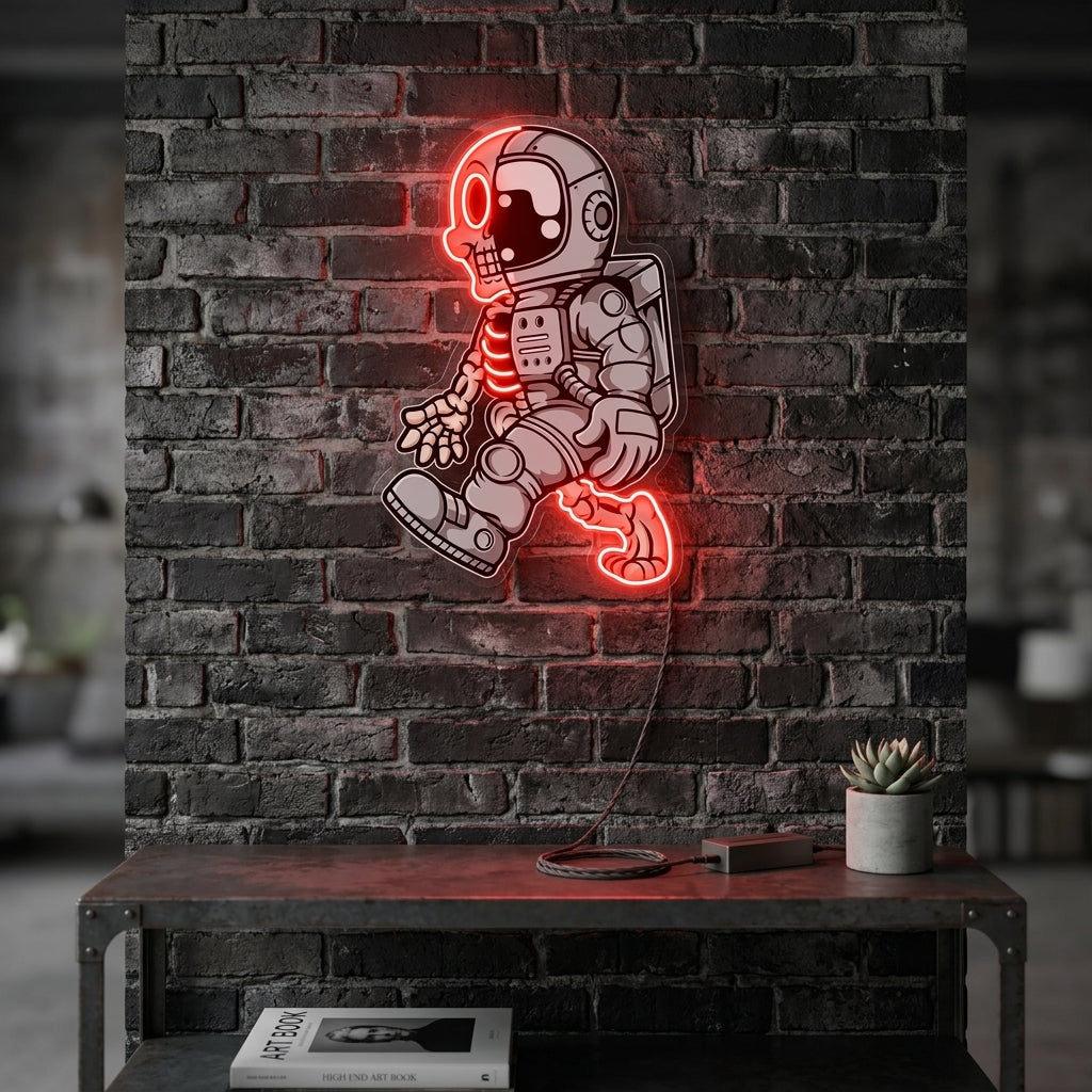 Astronot Yarım Kafatası Baskılı - Neon Tabela