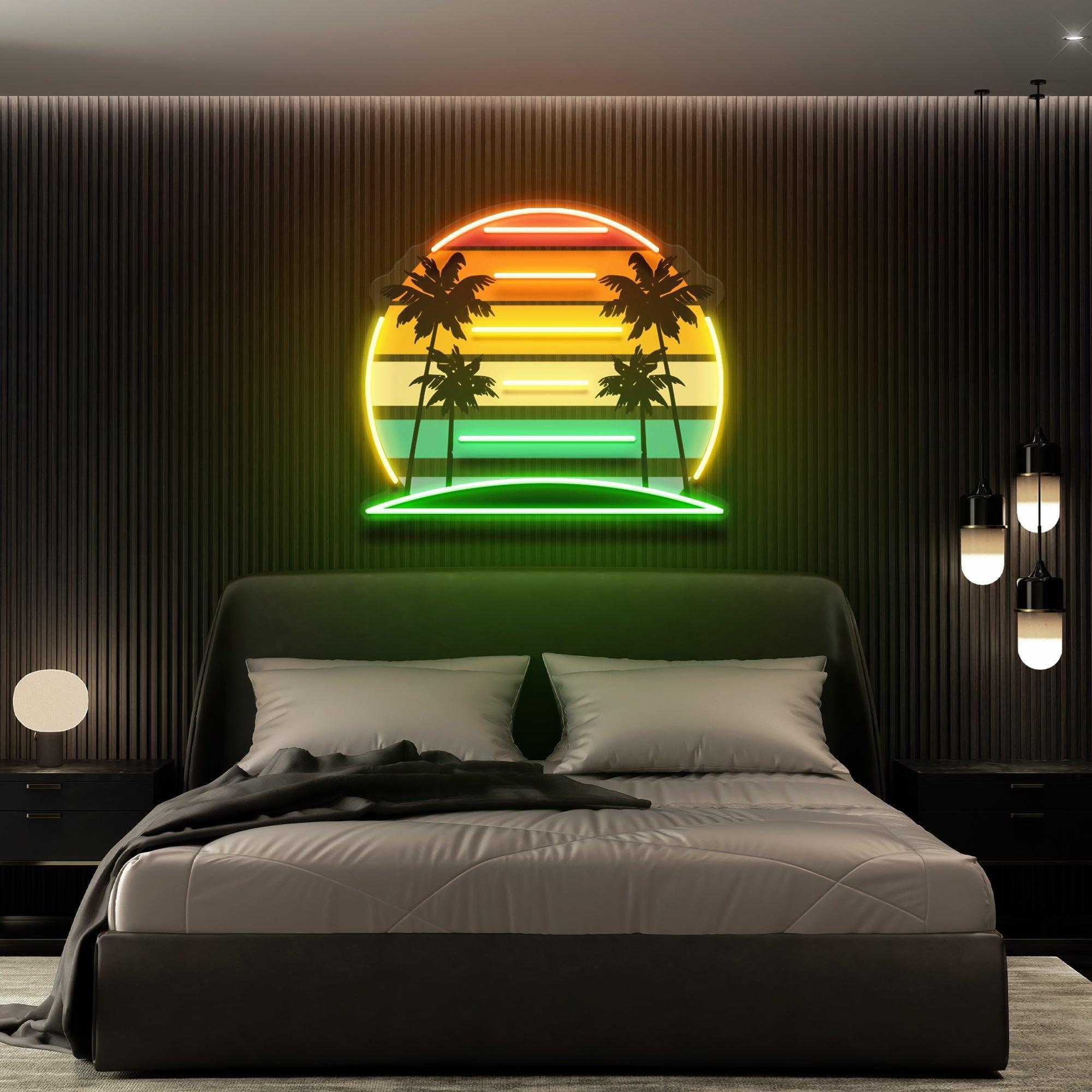 Tropical Retro Vintage Sunset Palm Tree Artwork Led Neon Sign Light - Neonbir