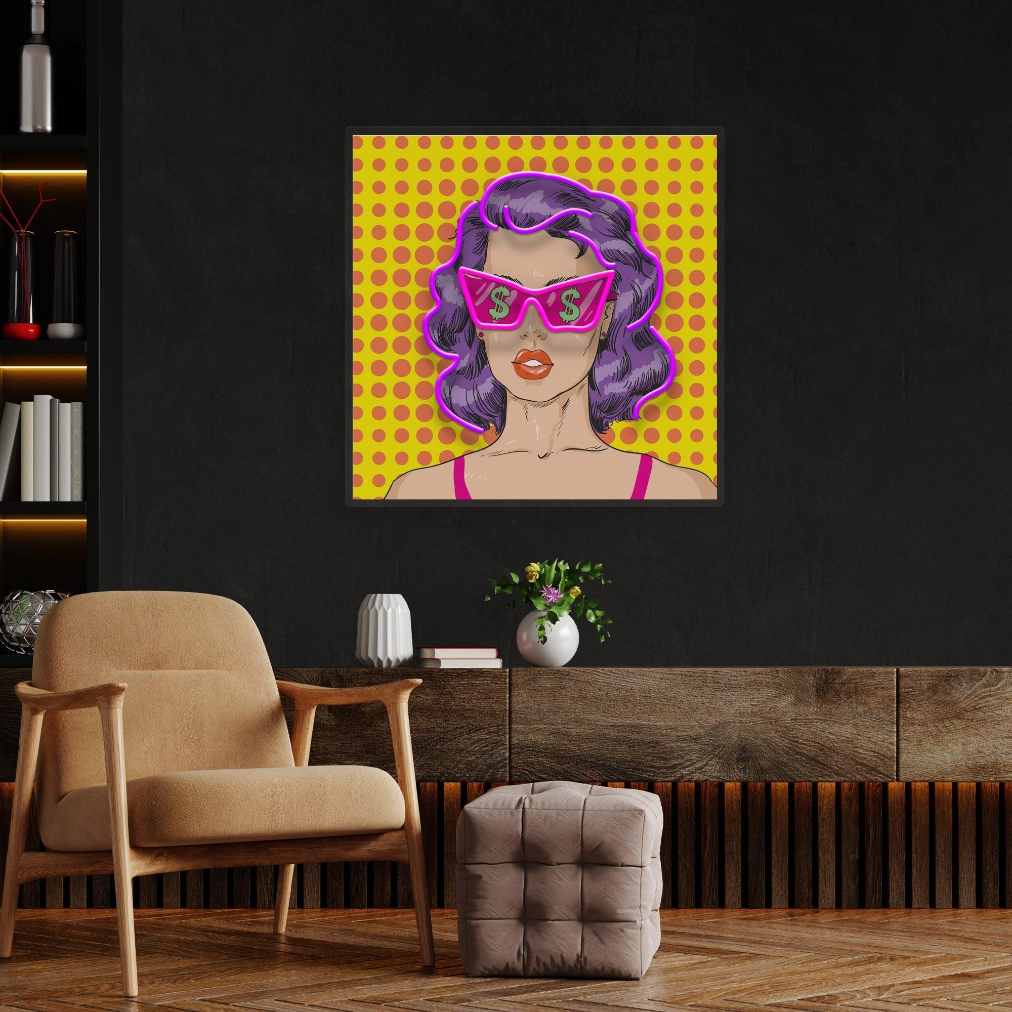Woman In Pink Sunglasses With Dollar In Retro Pop Art Led Neon Sign Light - Neonbir