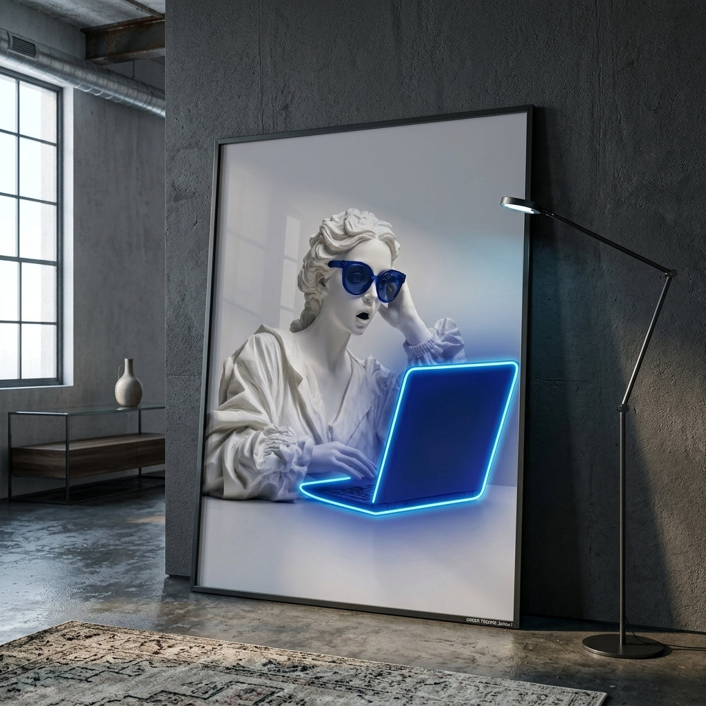 'Dijital Rönesans' Mavi Neon Işıklı Pop-Art Tablo