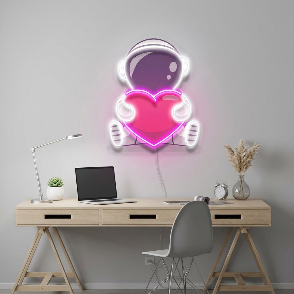 Astronot Kalp Baskılı - Neon Tabela