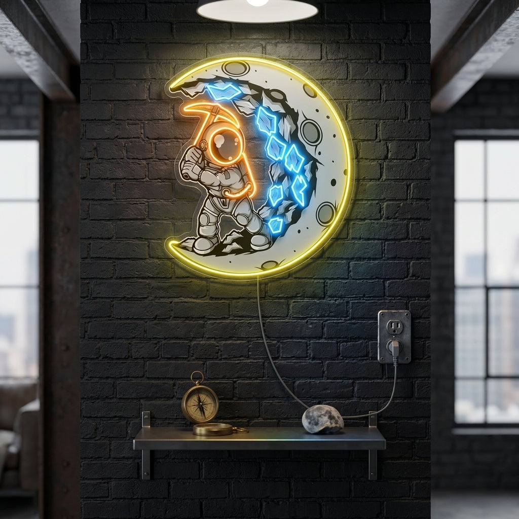 Astronot Ay Kazıcı Baskılı - Neon Tabela