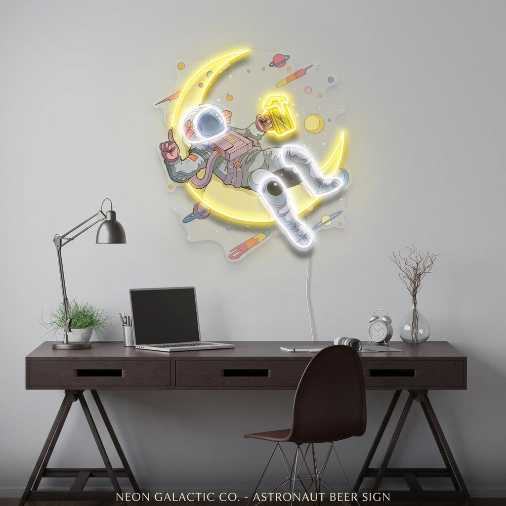 Astronot Ay'da Birayla Baskılı - Neon Tabela