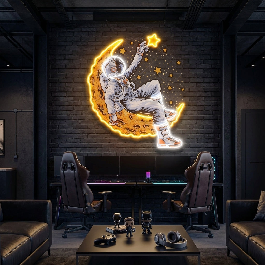 Ay'da Yatan Astronot Baskılı - Neon Baskılı