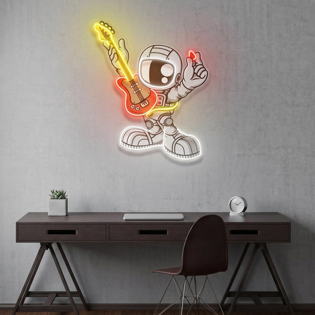 Gitar Çalan Astronot Baskılı - Neon Tabela