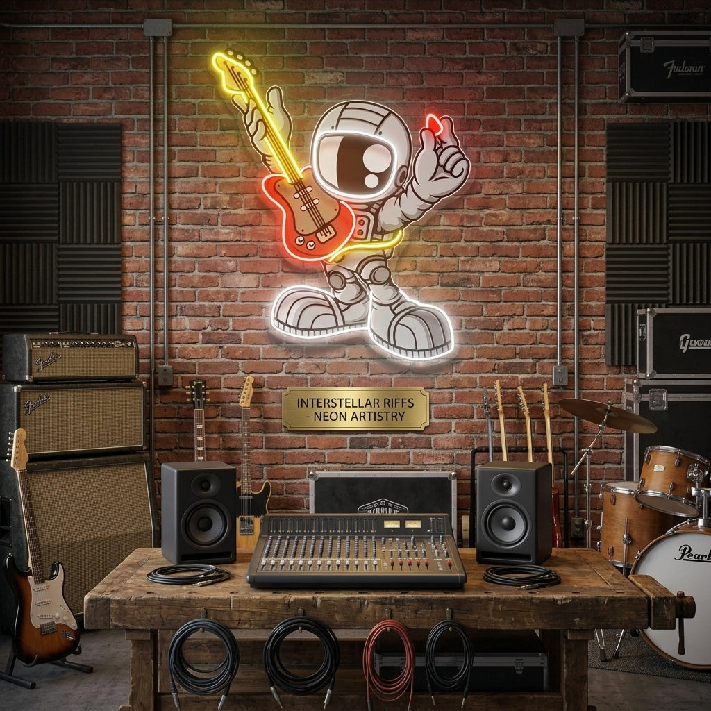 Gitar Çalan Astronot Baskılı - Neon Tabela