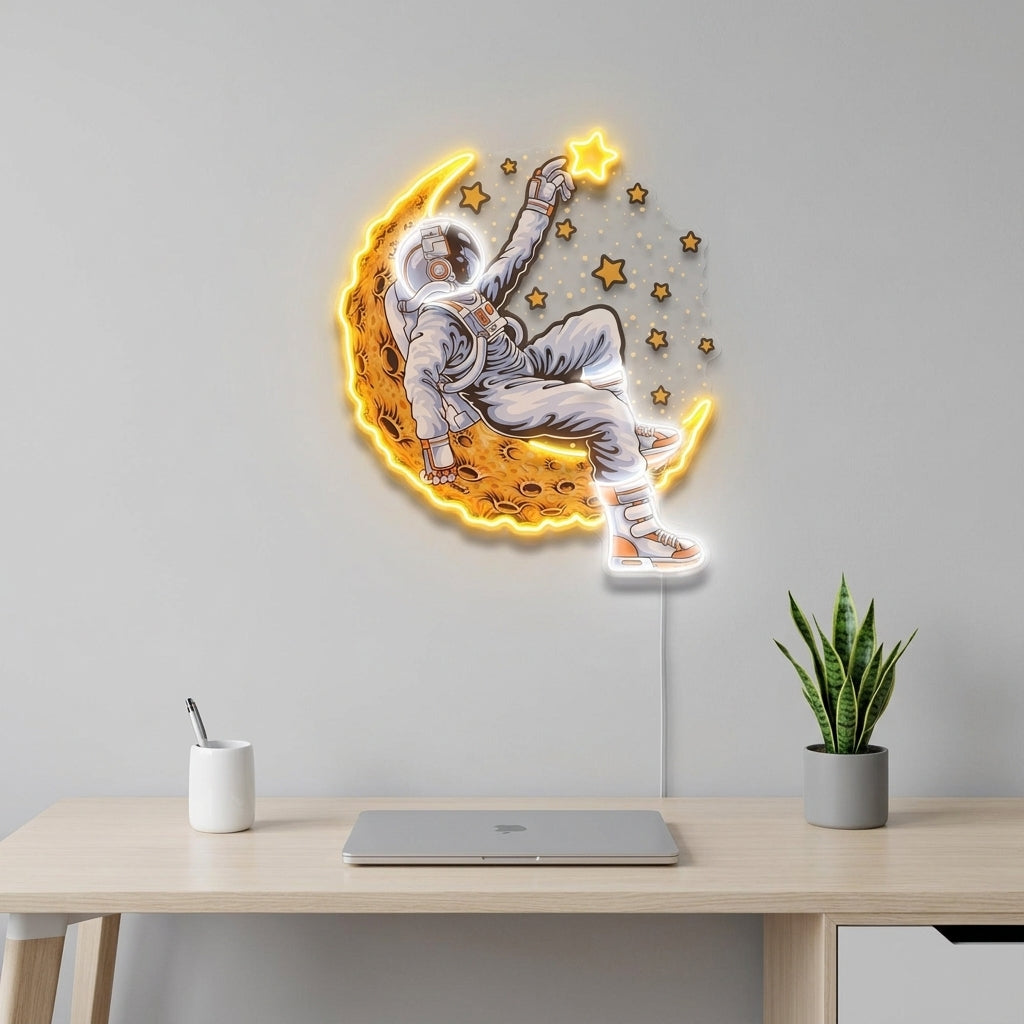 Ay'da Yatan Astronot Baskılı - Neon Baskılı