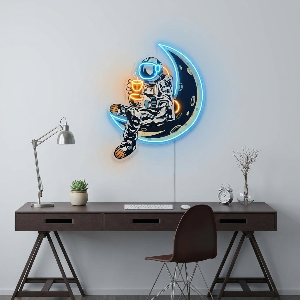 Ay'da Oturan Astronot Baskılı - Neon Tabela