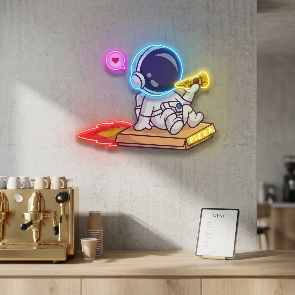 Astronot Motor Sürüyor Baskılı - Neon Tabela