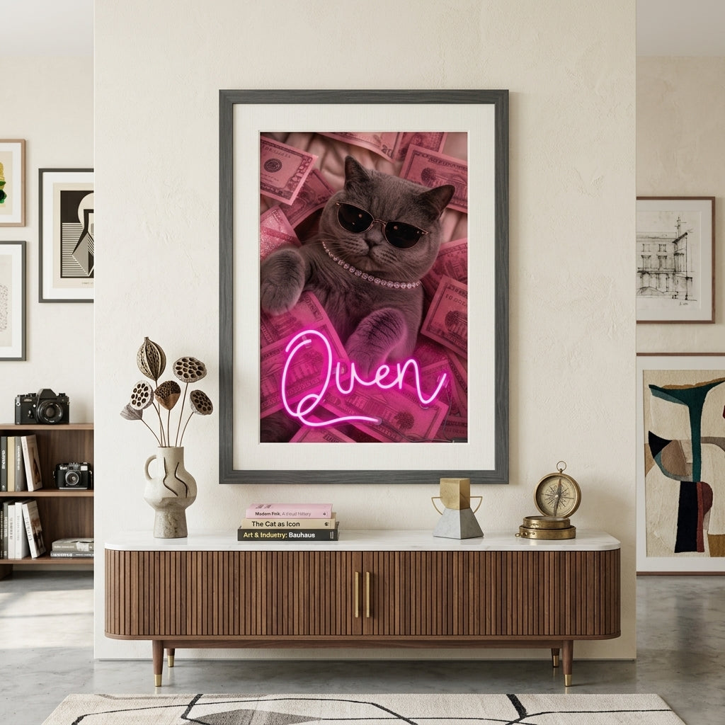 'Pink Cash & Cool Cat' Işıklı Tablo