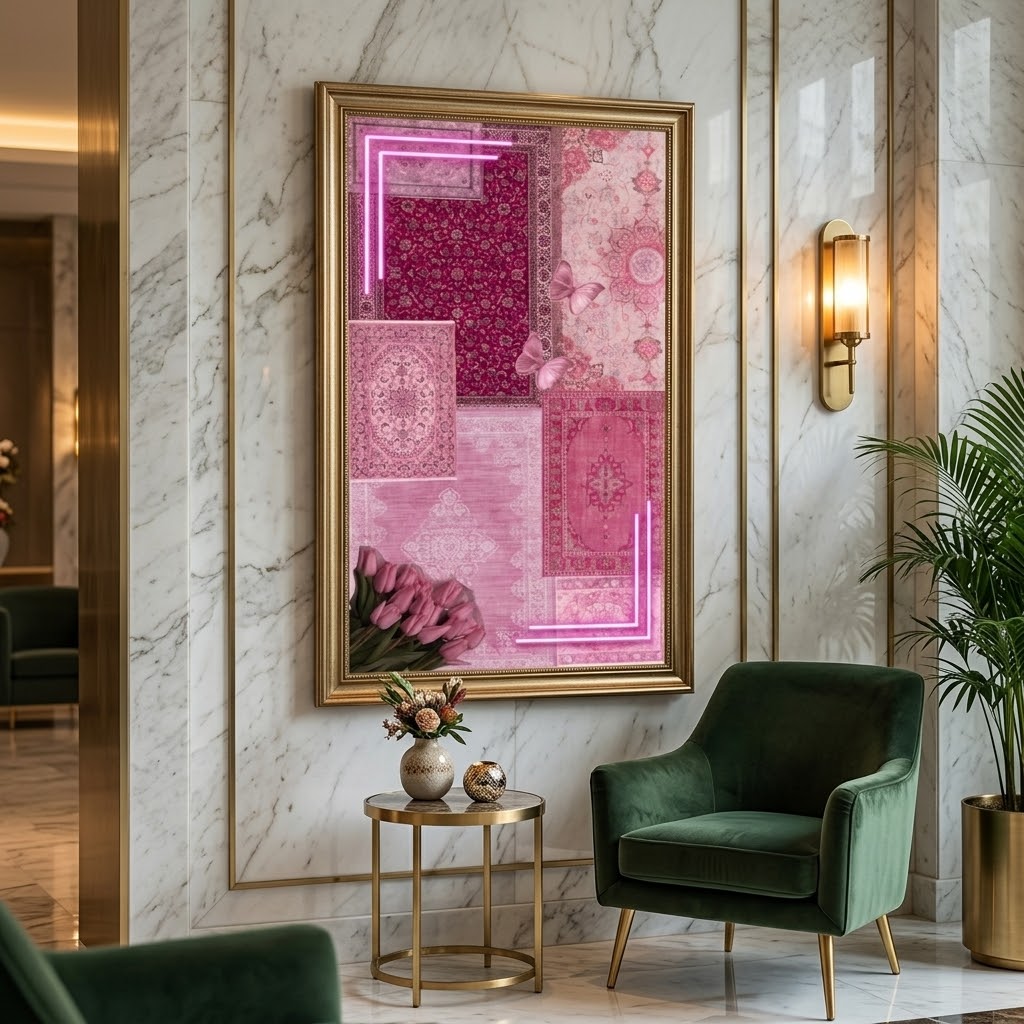 Pembe Halı & Lale Motifli Neon Duvar Sanatı