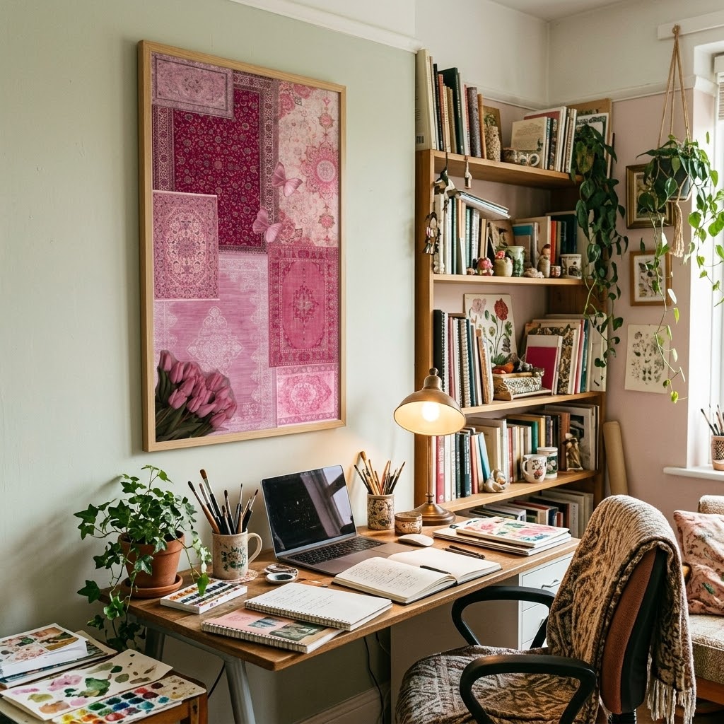 Pembe Halı & Lale Motifli Neon Duvar Sanatı