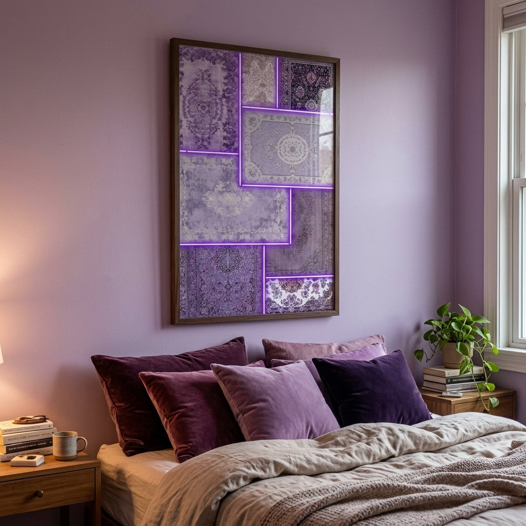Geleneksel Dokuda Romantik Işık: 'Purple Neon Oriental Rug' Çerçeveli Tablo