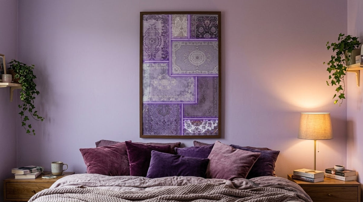 Geleneksel Dokuda Romantik Işık: 'Purple Neon Oriental Rug' Çerçeveli Tablo