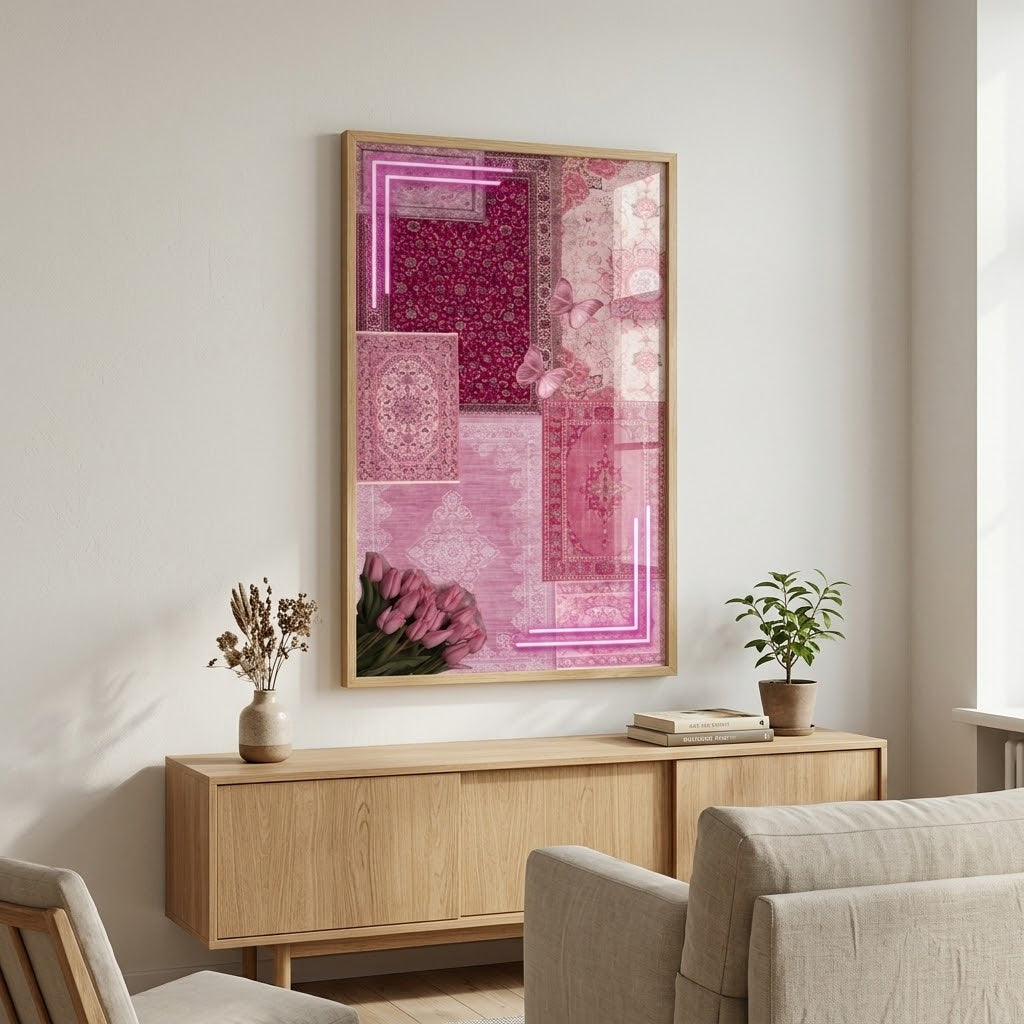 Pembe Halı & Lale Motifli Neon Duvar Sanatı