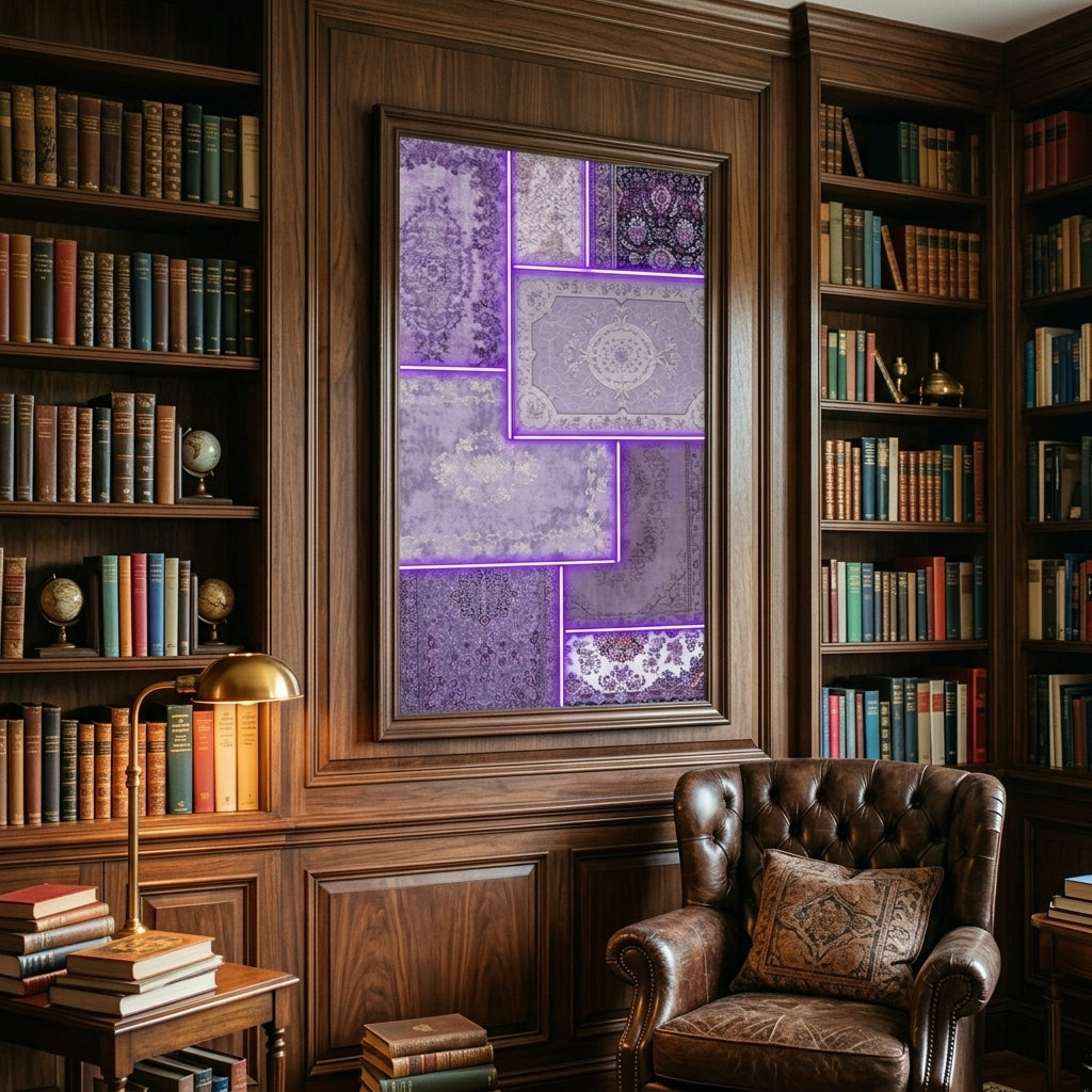 Geleneksel Dokuda Romantik Işık: 'Purple Neon Oriental Rug' Çerçeveli Tablo