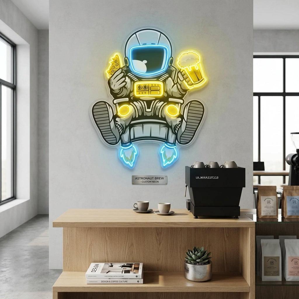 Astronot Pizza ve Bira Baskılı - Neon Tabela