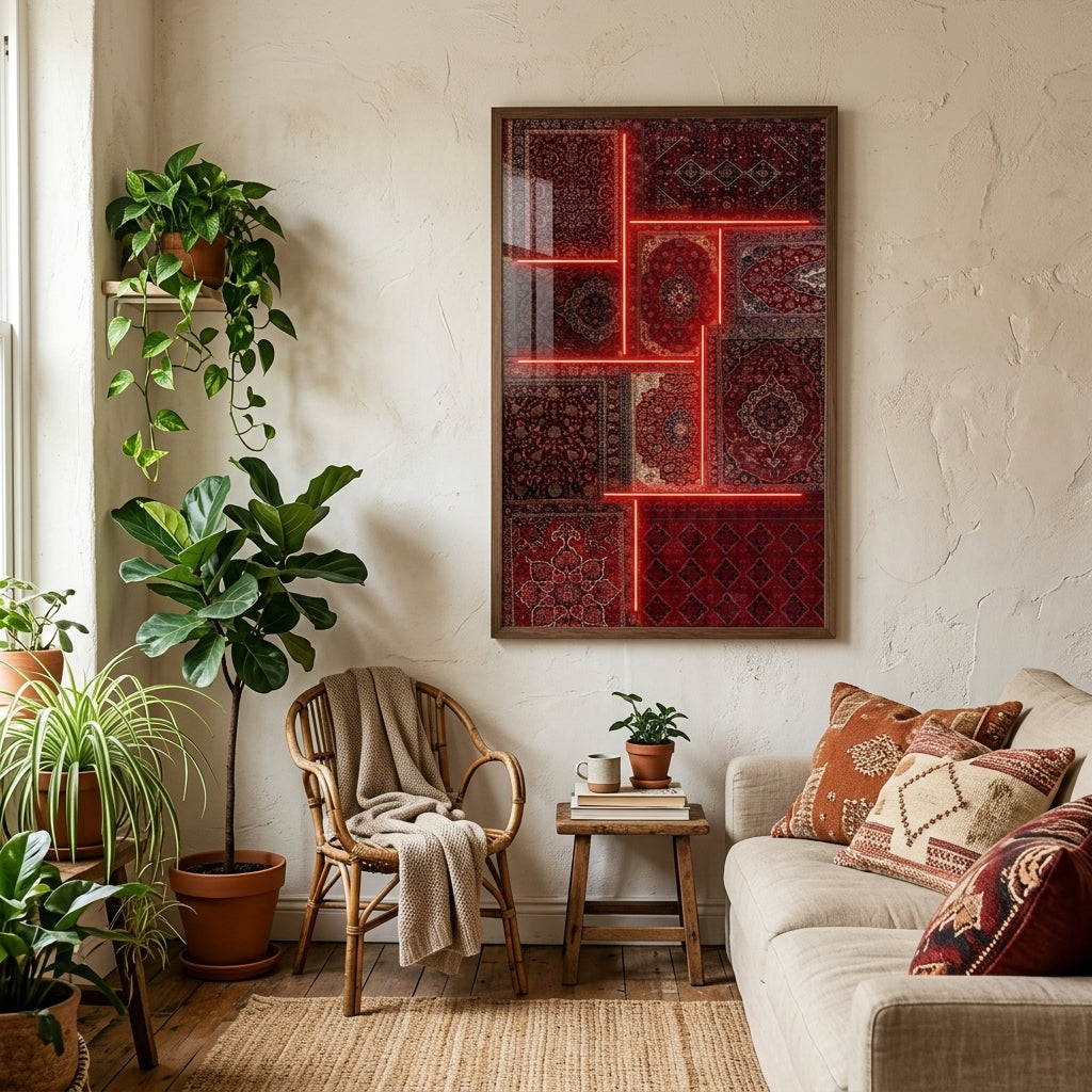 Geleneksel Dokunun Modern Işığı: 'Red Neon Oriental Rug' Çerçeveli Tablo