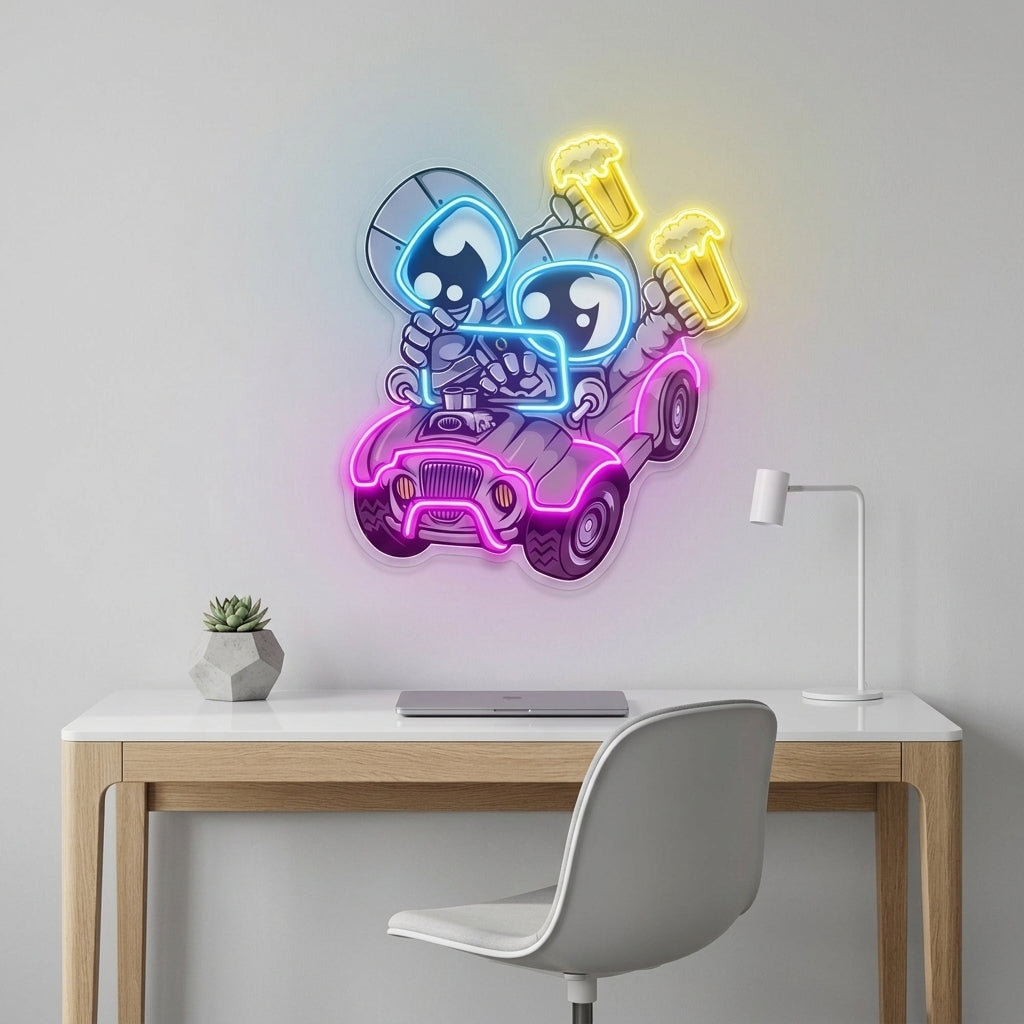 Astronot Off Road Karikatür Baskılı - Neon Tabela