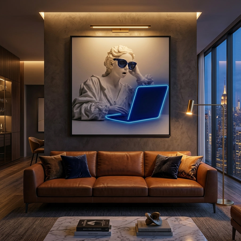 'Dijital Rönesans' Mavi Neon Işıklı Pop-Art Tablo