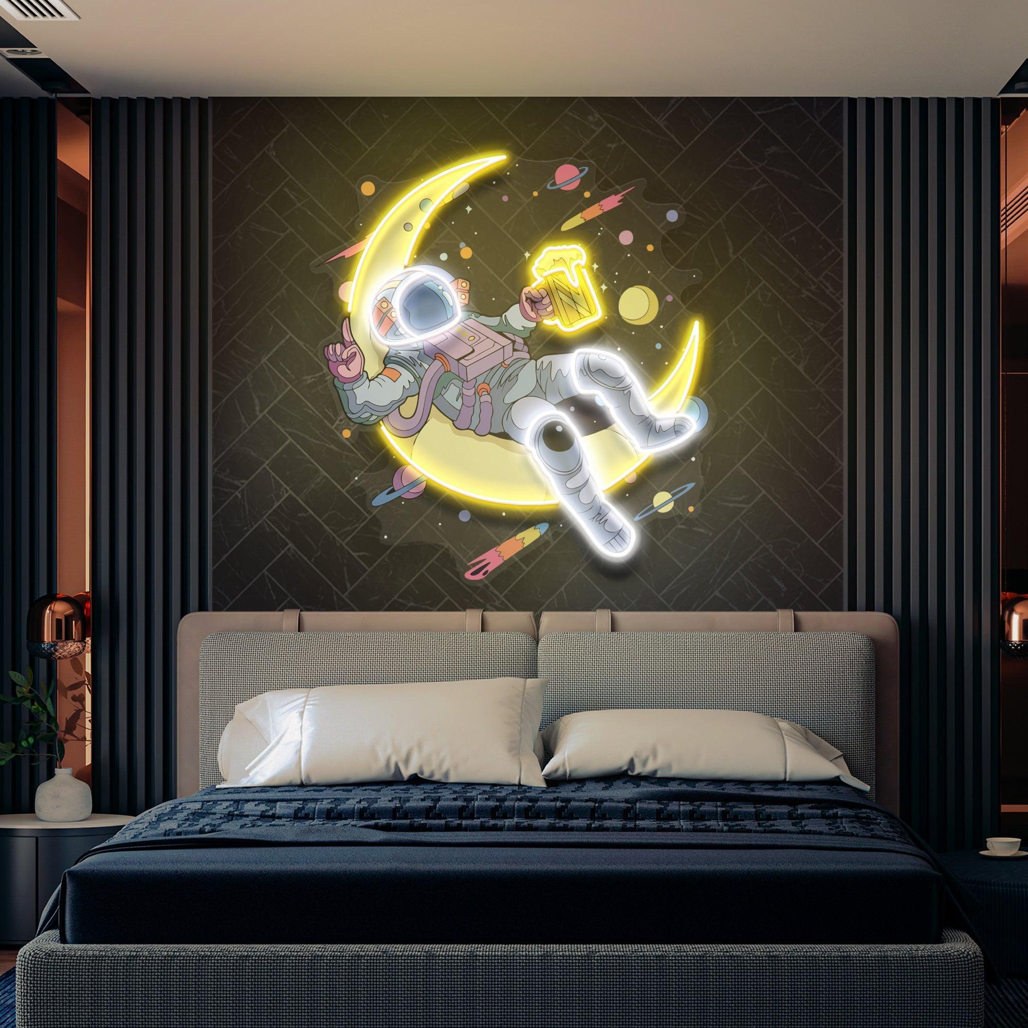 Astronaut With Beer On Moon Artwork Led Neon Sign Light - Neonbir