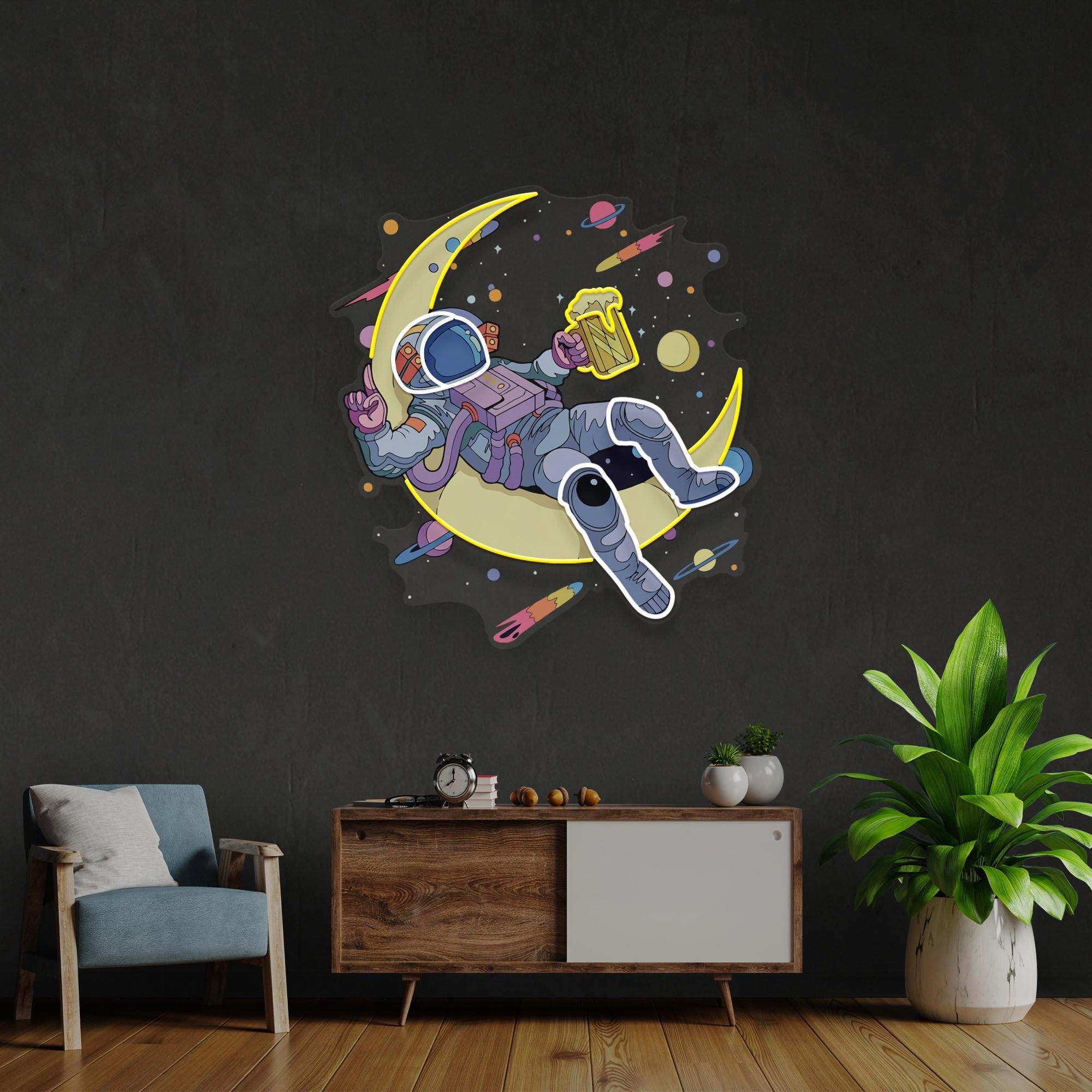 Astronaut With Beer On Moon Artwork Led Neon Sign Light - Neonbir