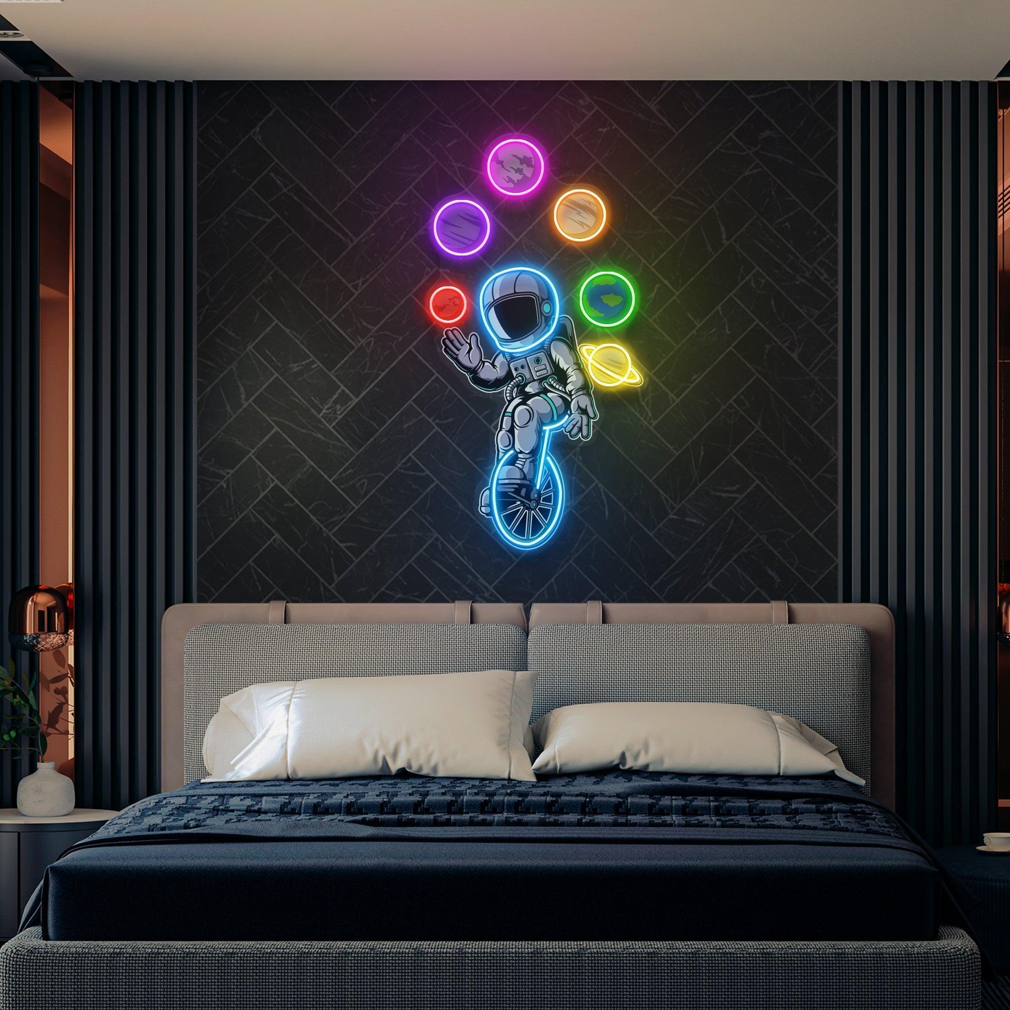 Astronaut Juggling Circus Galaxy Planets Artwork Led Neon Sign Light - Neonbir